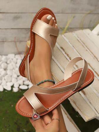 Women Solid Color Minimalist Fashion Versatile Flat Sandals, Suitable For Vacation And Holidays