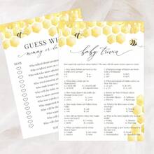 BabyShower Game Cards 4 Games Set, BabyTrivia, HOW Mommy Or Daddy, BabyPrediction And Advice, Find The Guest Bingo Game Cards BabyShower Theme Party Favors.(Bee) - Multicolor - View 3