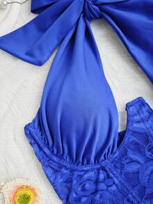 1pc Sexy Lace Up Halter Neck Underwired Bustier Cropped Tank Top, Backless Design - Royal Blue - View 9