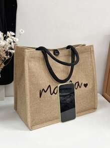 Mama "Love Letter Travel Bag, And A Make Up Bag With A Hand Rope,A Professional Makeup Artist Choose It To Solve The Problem Of Messy Cosmetics,Fashionable Letter Pattern Tote Bag, Large Capacity Shoulder Bag, Lightweight, Foldable, Portable Shopping Bag, Suitable For Weddings, Birthdays, Beaches, Holidays, Perfect Gift For Women, Mothers, Teachers, Friends, Bridesmaids, Big Bags, Students, And Back To School