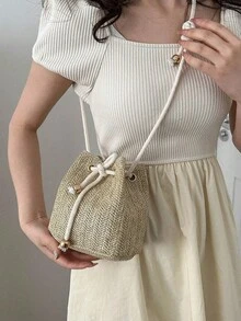 纯色迷你可折叠抽绳单肩包（豹纹或斑马纹，颜色随机）