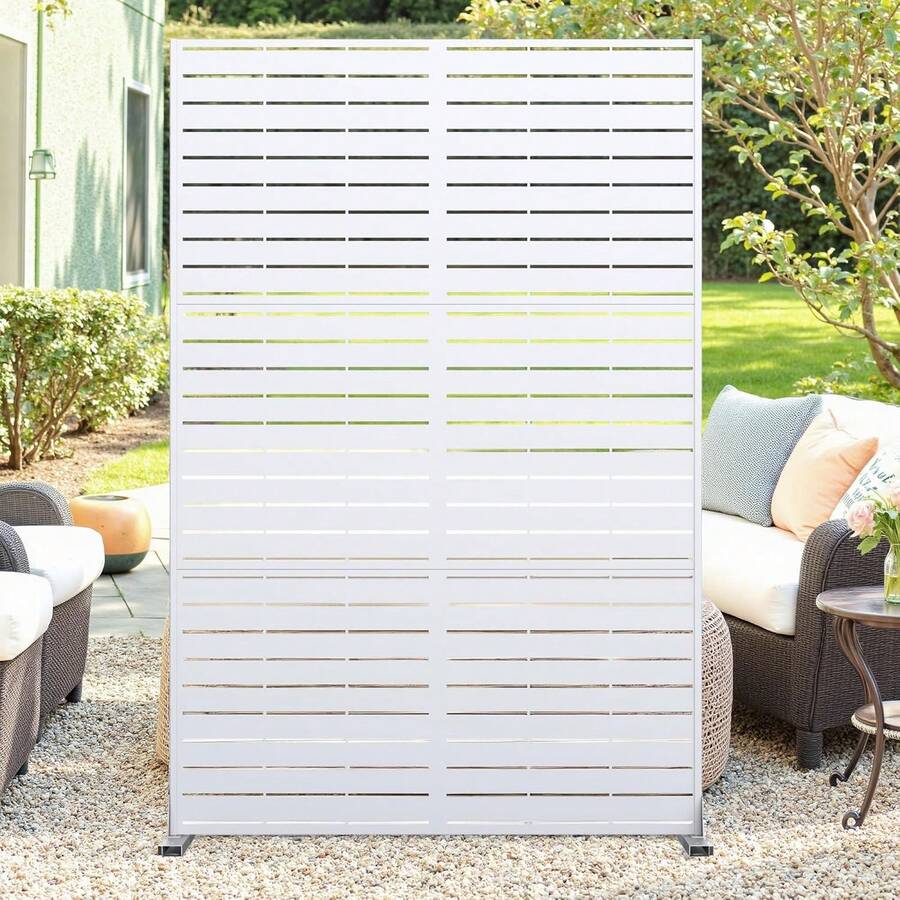 Metal Privacy Screen 72" H X 47" W, Outdoor Privacy Screens And Panels, Freestanding Decorative Fence For Patio Lawn Garden Deck Balcony, Home Outdoor Divider With Stand - White/Horizontal Slat - 查看 1