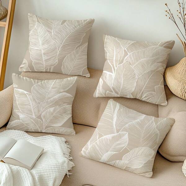 4 pièces Housses de coussin imprimées de silhouettes de feuilles en couleur thé au lait et ligne blanche [sans insert de coussin], 17,7*17,7 pouces (45*45 cm)/19,68*19,68 pouces (50*50 cm), [impression unilatérale], style campagnard en polyester pour canapé, salon, chambre, voiture, bureau, hôtel, décoration de maison d'hôtes, cadeau parfait pour la famille et les amis