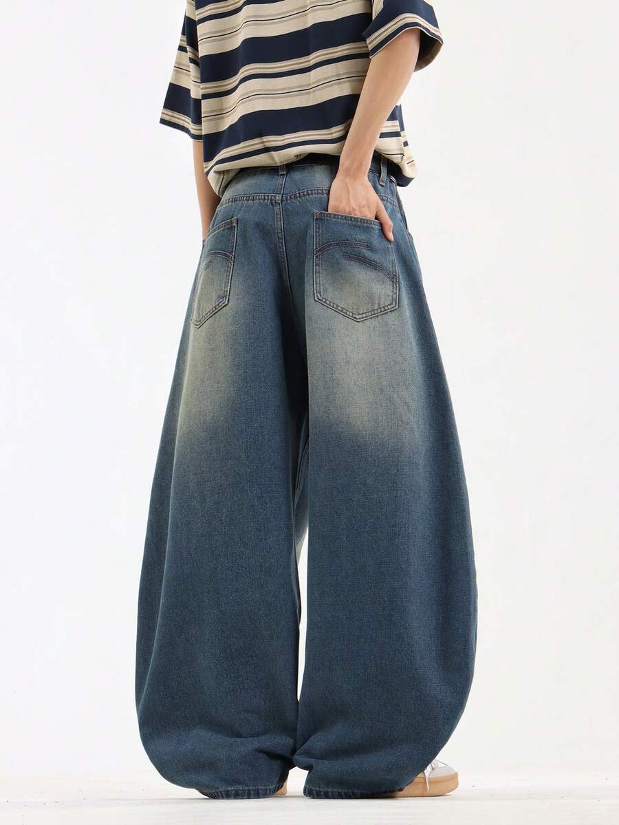 Hearty Haven 1pc Vintage Distressed Washed Denim Jeans Men's Floor-Length Casual Minimalist Loose Wide Leg Pants - No Belt & Accessories - Blue - View 1