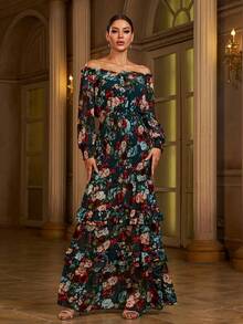 Missord 印花一字肩燈籠袖打褶荷葉邊魚尾裙下擺洋裝 - 彩色 - 查看 3