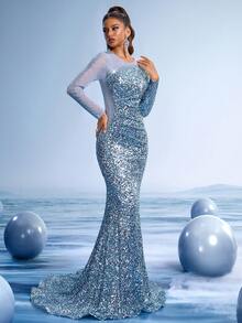 GIFORU 优雅的银蓝色美人鱼晚礼服 - 奢华的水晶装饰婚礼宾客礼服，配有 3D 亮片和透明幻觉袖子，适合庆典/晚会/鸡尾酒会的红毯正式礼服，派对礼服