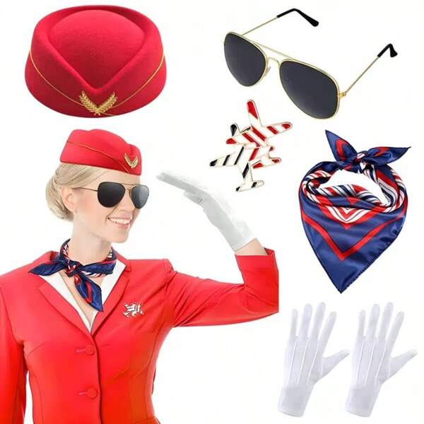 Set de 5 piezas con accesorios de disfraz de azafata de vuelo con temática navideña, que incluye sombrero, bufanda, broche, guantes y gafas, para disfraz de azafata de servicio, conjunto de estilo para Halloween