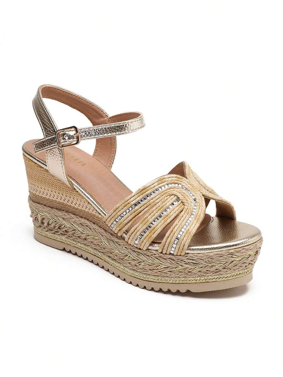 Sommer Keilsandalen mit dekorativen Riemen und geflochtener Seilsohle - Beige - Übersicht 1