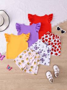 6pcs/Set Girls Casual "English Letter", "Bee", "Butterfly", "Ladybug" Printed Top & Matching With Bowknot, "Bee", "Butterfly", "Ladybug" All Over Print Random Cut Shorts Outdoor Suit, Spring/Summer
