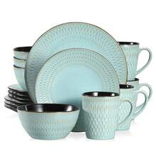 vancasso 16 Piece Relief Green Ceramic Tableware Set Including Plates, Desserts, Bowls, Mugs, 4-Piece Set Serving 4 People