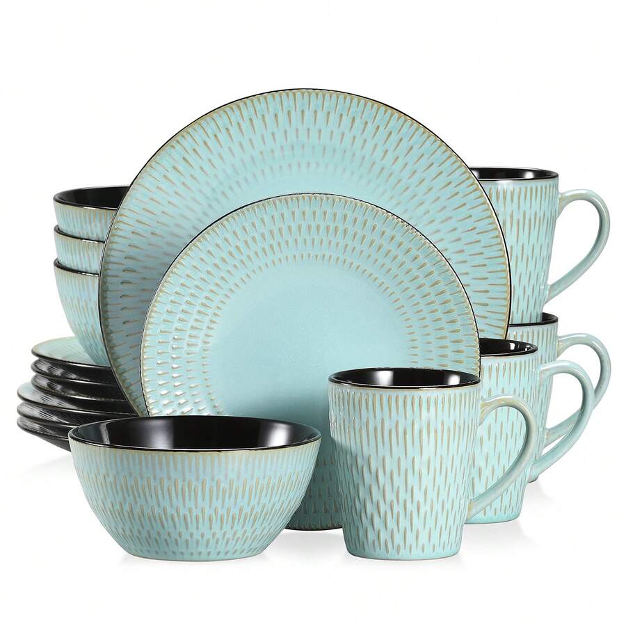 vancasso 16 Piece Relief Green Ceramic Tableware Set Including Plates, Desserts, Bowls, Mugs, 4-Piece Set Serving 4 People