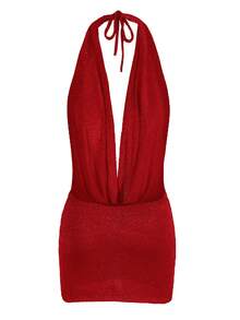 纯色性感叠穿V领无袖露背针织沙滩迷你裙2025女式夏季泳衣罩衫派对装 - 紅色 - 查看 3