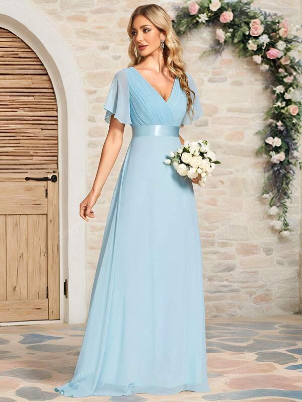 EVER-PRETTY Elegant Spring V-Neck Ruched Butterfly Sleeve Light Blue Bridesmaid Dress Wedding Guest Dress For Wedding