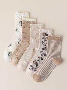 1/5 双透气、可爱、弹性舒适兔子、碎花、条纹图案蕾丝边中筒袜，适合春夏季女士 - 彩色 - 查看 10