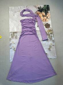 Vestido elegante de un solo hombro y espalda descubierta, largo y de un solo color, para mujeres: corte slim con diseño sencillo y lazos flotantes, ideal para fiestas, banquetes y citas - Morado - Ver 1