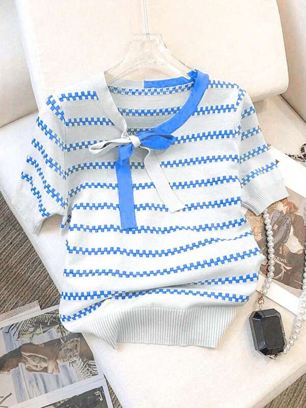 Summer New Bowknot Colorblock Striped Beads Loose Knit Short Sleeve Top With Unique Design