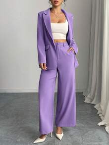 Elegant Notched Collar Single-Breasted Suit Jacket And Wide-Leg Pants Set - Mauve Purple - View 3
