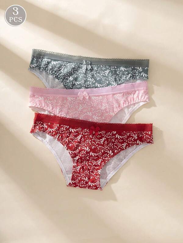 3 Pcs Soft Breathable Bow Tie & Ditsy Floral Ruffled Mid-Waist Women's Bikini Briefs