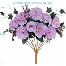 Burgundy Silk Flowers Bouquet, Wine Artificial Floral Arrangements, Dark Red Fake Flower For Wedding Bridal Bouquets, Home Decorations, Baby Shower, Table Centerpieces - Tím và tử đinh hương - Xem 2