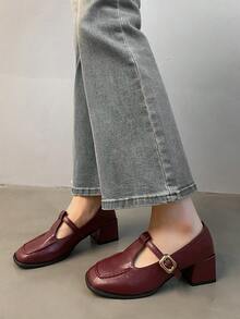 2025 Nouvelles Chaussures Vintage Mary Jane pour Femmes, Chaussures Élégantes de Style Français à Talon Épais et Basse, Automne - Rouge foncé - Voir 7