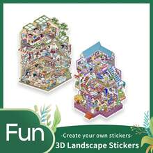 4张贴纸+1张场景卡 童年别墅 卡通模拟经营 造景贴纸 创意3D立体微缩场景粘贴画 可爱减压DIY贴纸 智能小房子 收纳贴 免抠场景贴 3D分层立体小房子贴 - 彩色 - 查看 2