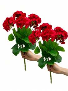 2Pcs/1Pc Artificial Red Geranium, Silk Flower Bush Realistic Imitation Flower Geranium For Floral Home Decor Indoor Table Centerpiece, Outdoor Flower Pot, Hanging Basket, Garden, Porch, Balcony, Window Sill Decoration, Holiday Party New Year Decoration