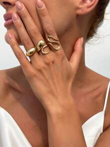 3pcs Vintage Asymmetrical Metal Gold Abstract Rings, Baroque Faux Pearl Decor Rings, Stackable Thick Jewelry Set, Suitable For Women's Daily And Diverse Party Decoration, Fashion Outfit Matching, Holiday Gifts - 3 Piece Ring Set - View 13