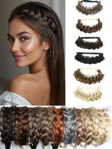14 Inch Black Brown Blonde Multicolor Synthetic Hair Braided Headband Classic Chunky Wide Plaited Braids Elastic Stretch Hairpiece Women Girl Beauty Accessory - Multicolor - View 2