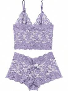 Floral Lace Lingerie Set High Waist Sleepwear Bra And Panty 2 Piece Nightwear 2025 Back-To-School Season Fall Pjs - 淺紫色 - 查看 5