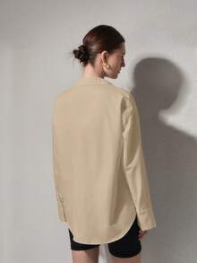 QIANZHIDU Elva Women's Slogan Print Long Sleeve Single-Breasted Casual Loose Shirt, Women's Solid Color Loose Long Sleeve Business Interview Commute Casual Minimalist Shirt, Back To School Graduation Season Office Spring Summer Autumn Clothing, Valentine's Day, New Year Outfit - Khaki - View 4