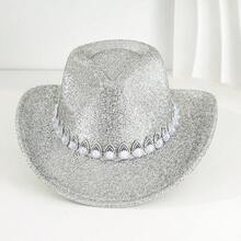 Women Cowgirl Hat, Glitter Soft Wide Brim Hat Pearled Western Hat For Club Party - Bạc - Xem 2