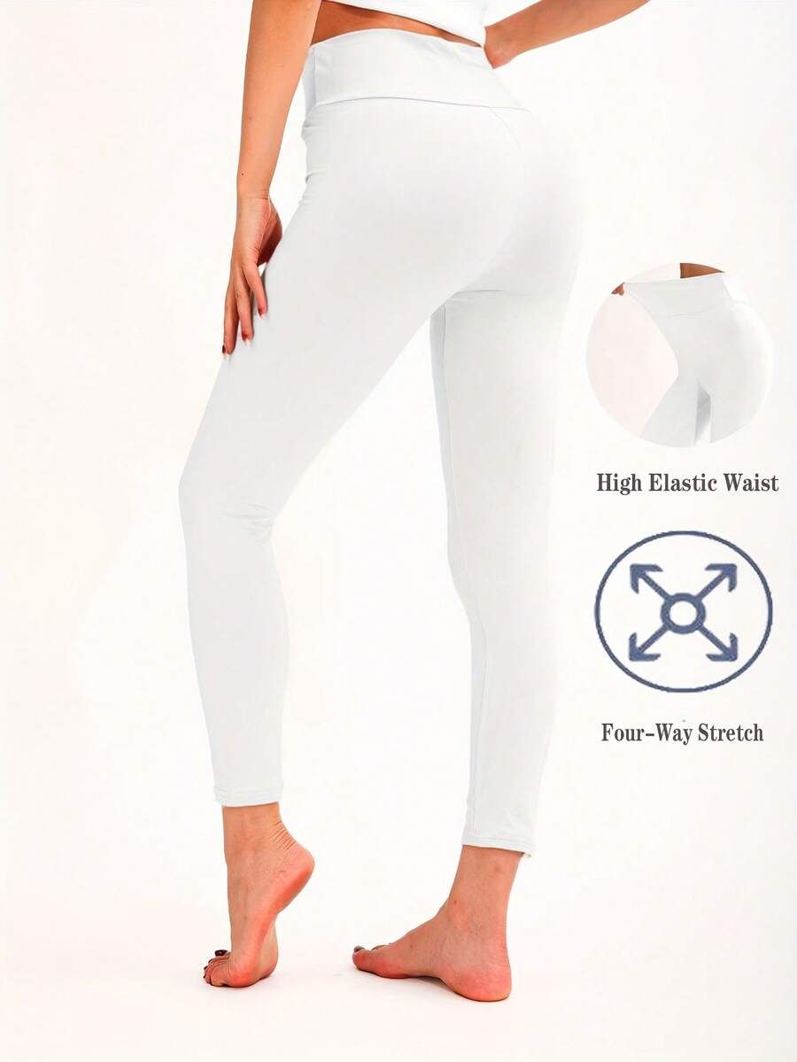 女士休闲纯色高腰紧身打底裤，舒适高弹瑜伽紧身裤，柔软贴身七分裤，适合健身、瑜伽、锻炼、散步、户外活动、日常穿着，舒适保暖。 - 白色 - 查看 1