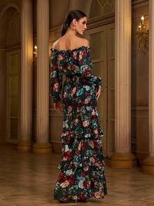 Missord 印花一字肩燈籠袖打褶荷葉邊魚尾裙下擺洋裝 - 彩色 - 查看 2