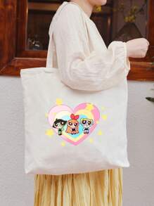 THE POWERPUFF GIRLS Cartoon Superhero Policewoman Minimalist & Stylish Canvas Shoulder Tote Bag, Casual Large Capacity Daily Work Commute Foldable Shopping Handbag