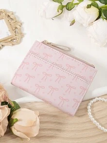 粉色蝴蝶结爱心图案多功能零钱包，时尚勃艮第钱包，女士短款钱包，两折设计，多卡位，银行卡收纳，信用卡收纳，零钱包，拉链开合，照片窗口，优质皮革，是送给女朋友、母亲、老师、情人节、日常使用、旅行必需品、办公室、购物的理想旅行包和礼品袋，女士必备钱包和卡夹 - 粉色 - 查看 5