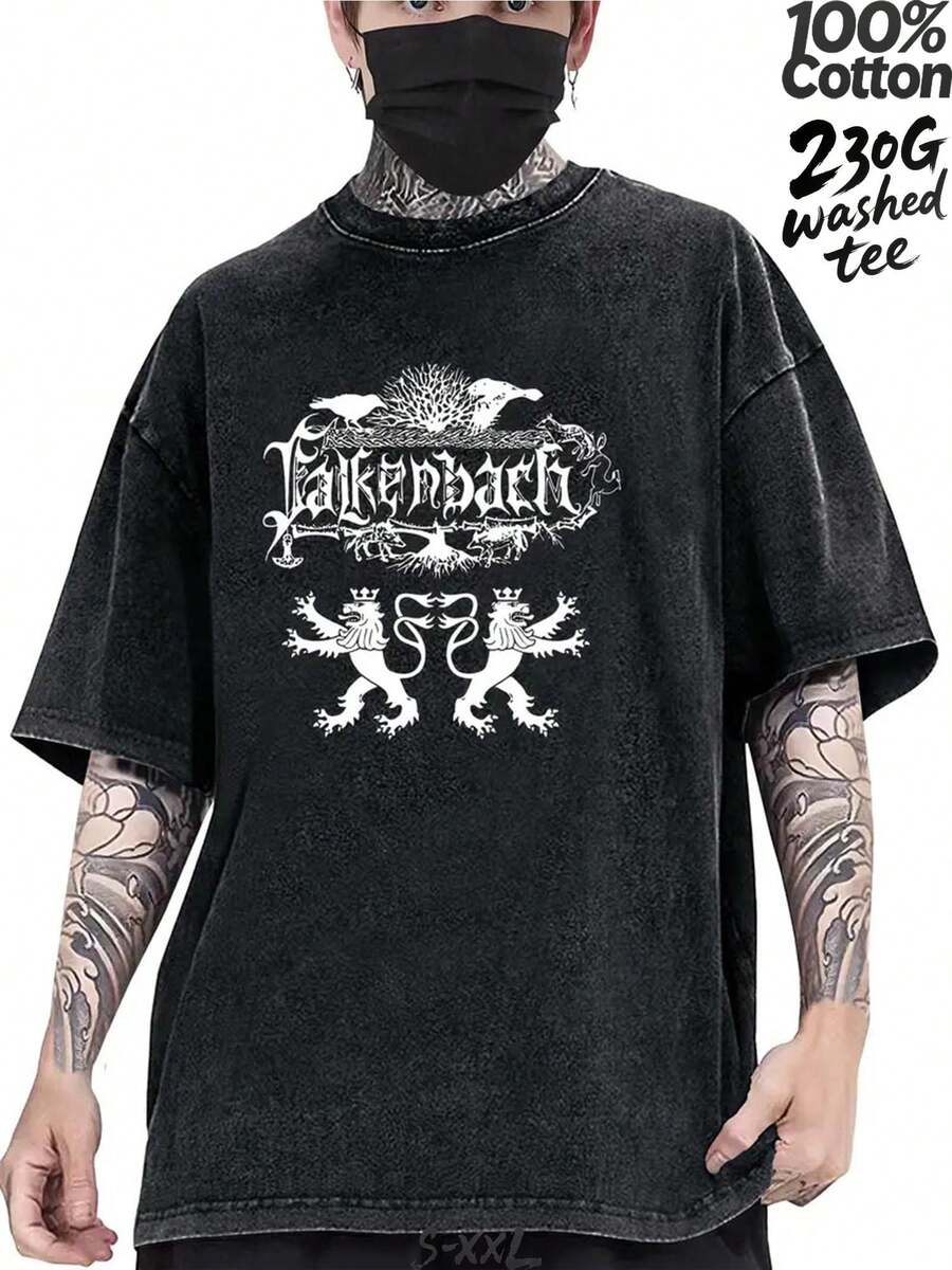 Camiseta de algodón puro lavado de 230 g, estilo gótico oscuro, con texto "Lakenbach" e impresión del patrón de león, camiseta para deportes al aire libre | Corte holgado | Camiseta de punto suave - Negro - Ver 1