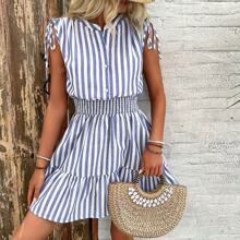 Summer Linen-Feel Blue & White Striped Bowknot Sleeveless A-Line Mini Casual Dress For Women