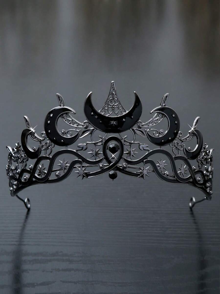 1 Peça Coroa Barroca Vintage Preta com Lua e Estrela - Headpiece de Noiva Luxuoso com Padrão Floral e de Estrela, Adequado para Casamentos, Galas e Ocasiões Formais - Design Elegante do Oriente Médio, Artesanato em Metal Requintado, Headpiece de Strass Delicado Feito à Mão para Cosplay e Festas (Fada Negra)