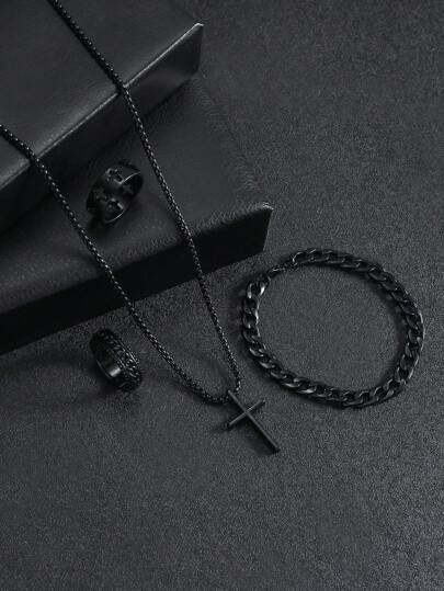 4pcs/Set Simple & Fashionable Men's Jewelry Set, Includes Black Cross Necklace, Bracelet And 2 Rings, Great Jewelry Gift Fathers Day Gift School Jewelry Men Y2k Accessories Goth Men's Chains Jeans Accessories Gothic Jewellery Back To School Street Halloween Accessories Punk Streetwear Accessories