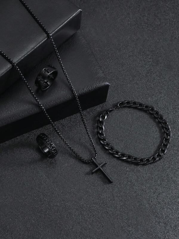 4pcs/Set Simple & Fashionable Men's Jewelry Set, Includes Black Cross Necklace, Bracelet And 2 Rings, Great Jewelry Gift Fathers Day Gift School