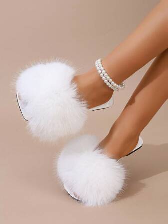 Women Solid Color Faux Fur Trim Strappy Flat Sandals, Fashion Cute Party Footwear For Holiday, Academy, Outdoor, Summer