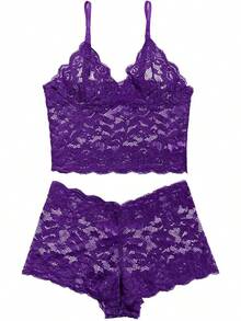 Floral Lace Lingerie Set High Waist Sleepwear Bra And Panty 2 Piece Nightwear 2025 Back-To-School Season Fall Pjs - 紫色 - 查看 4