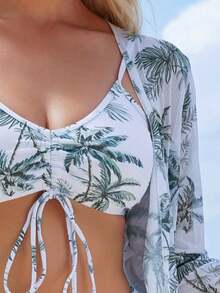Women's Bikini Swimsuit With Cover-Up Three Piece Bathing Suit, V-Neck Swimsuit, Boxer Shorts And Long Sleeves T-Shirt, Beachwear, All-Over Print Drawstring Bikini With Kimono Cover-Up, 3 Pieces Tropical Print Bikini And Cover-Up Dress Set For Women For Beach And Summer Vacation - Trắng Xanh - Xem 6