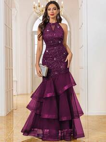 MIUSOL Sequin Floral Lace Halter Neck Mesh Layered Hem Evening Party Maxi Dress,Elegant Party Dress For Women,Formal Evening Gown Wedding - Maroon - View 2