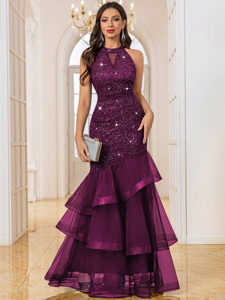 MIUSOL Sequin Floral Lace Halter Neck Mesh Layered Hem Evening Party Maxi Dress,Elegant Party Dress For Women,Formal Evening Gown Wedding