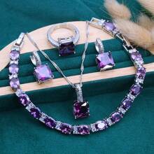 Elegante conjunto de joyería de 5 piezas para mujeres - Collar, aretes, colgante, anillo y pulsera de zirconia cúbica púrpura vintage cuadrada - Perfecto para bodas, regalo de Navidad para mujeres, empaquetado en caja de joyería de alta gama