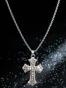 1 pieza Colgante de cruz completamente plateado de acero inoxidable con cadena retorcida y zirconia micropavimentada, estilo vintage, adecuado para uso diario, unisex de estilo hip hop - Plateado - Ver 9