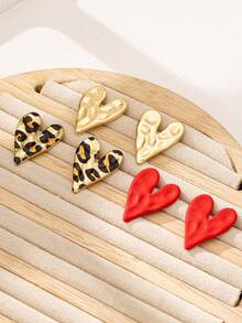 1 对/3 对合金豹纹心形皱纹设计耳环，适合女士，爱情派对可爱心形耳环，情人节，妈妈，母亲节，礼物 - 金黃色 - 查看 3