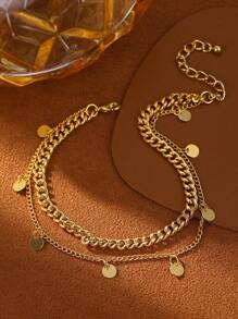 1 pieza Pulsera de tobillo elegante y ligera de doble capa chapada en oro de 18K con Charm circular, adecuada para uso diario, empaquetada en bolsa de terciopelo, para moda, verano, playa, fiesta en la piscina