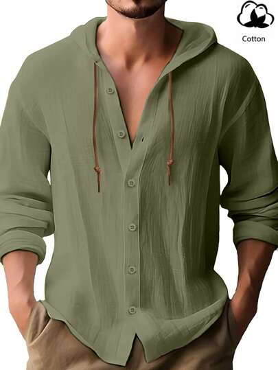 (ملابس رمضان) قميص قطني كتان برقبة كابوشون بأكمام طويلة خفيف الوزن قابل للتنفس بأزرار، ملابس علوية كاجوال عصري للتنقل اليومي/عطلة الشاطئ